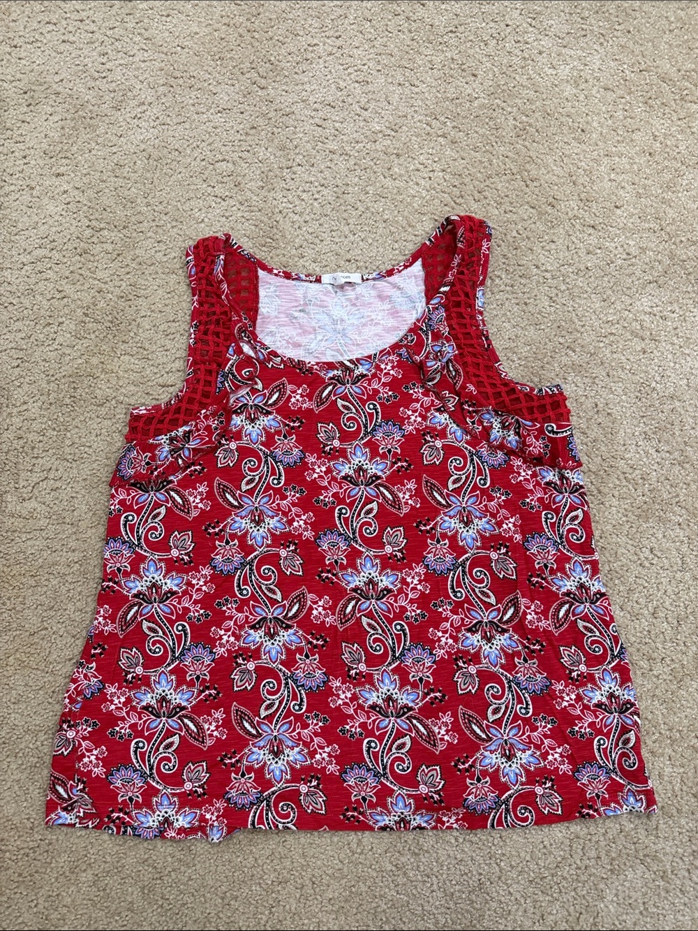 Maurices Red Floral Tank Top with Crocheted Trim